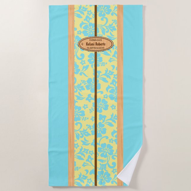 Mokuleia Hawaiian Faux Wood Monogram Surfboard Beach Towel (Front)
