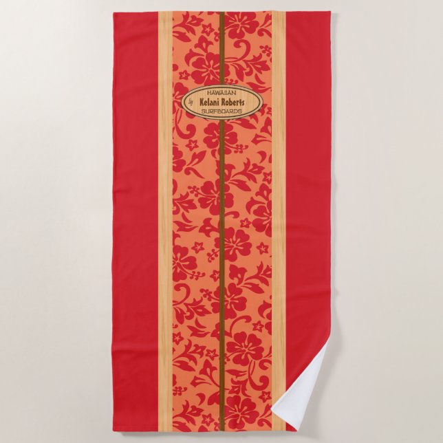 Mokuleia Hawaiian Faux Wood Monogram Surfboard Beach Towel (Front)