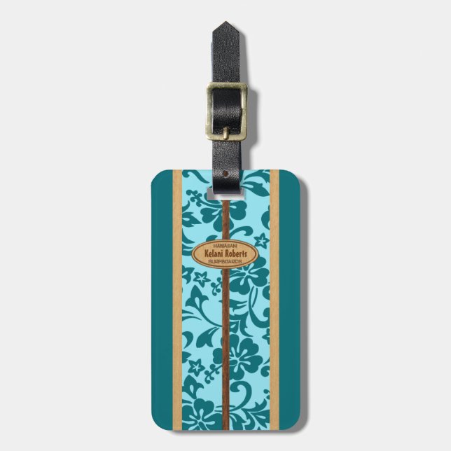 Mokuleia Hawaiian Faux Wood Monogram Surfboard Luggage Tag (Front Vertical)