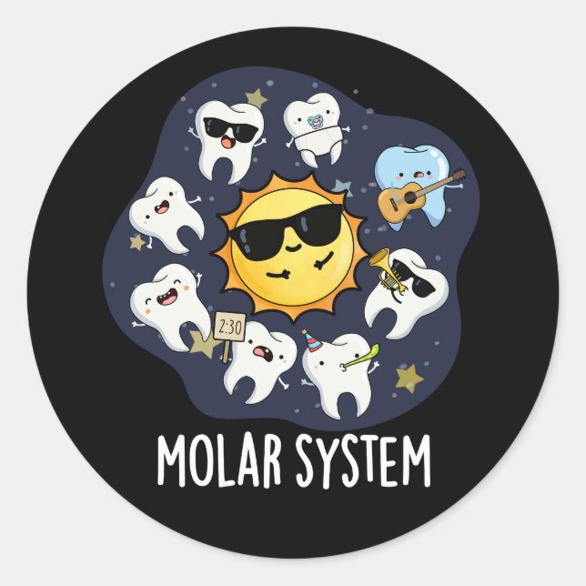 Molar System Funny Dental Astronomy Pun Dark BG Classic Round Sticker (Front)