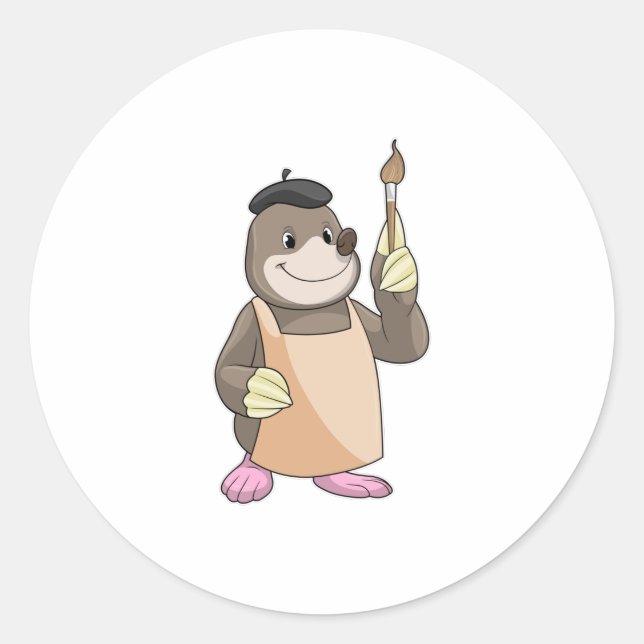 Mole as Painter with Paint brush Classic Round Sticker (Front)