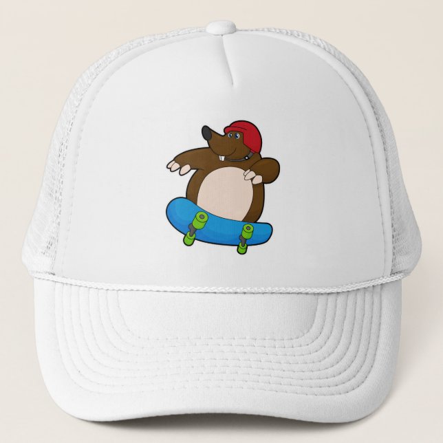 Mole as Skater with Skateboard & Helmet Trucker Hat (Front)