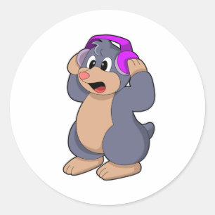 Mole at Music with Headphone Classic Round Sticker