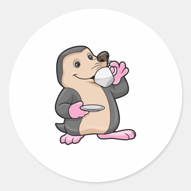 Mole with Cup of Coffee & Saucer Classic Round Sticker (Front)