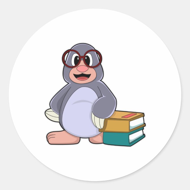 Mole with Glasses & Books Classic Round Sticker (Front)