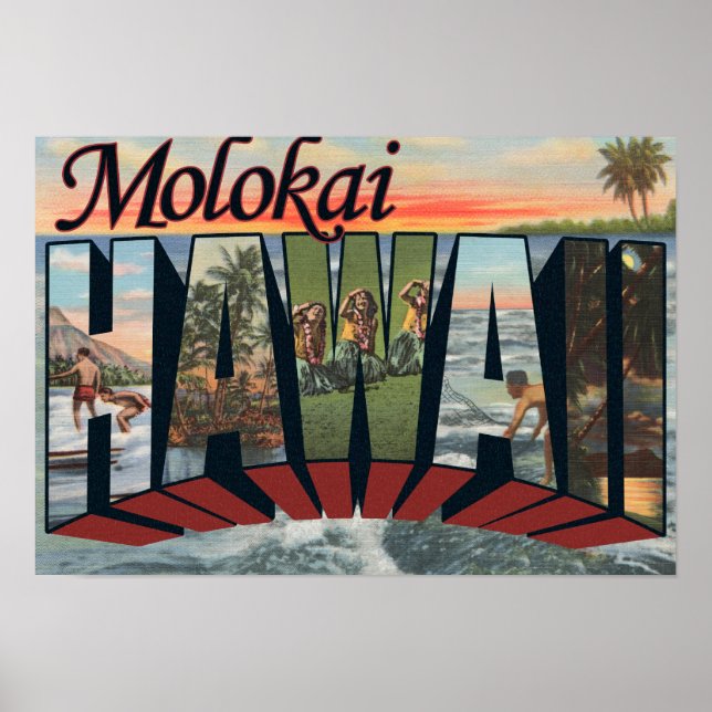 Molokai, Hawaii - Large Letter Scenes Poster (Front)