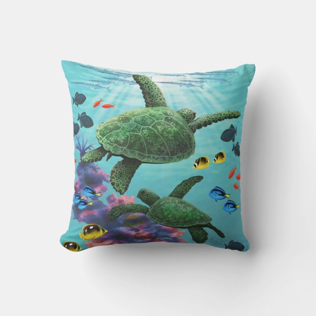 Molokini Cove Hawaiian Sea Turtles Reversible Cushion (Front)