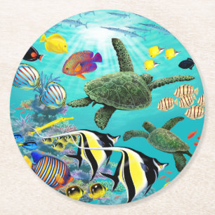 Molokini Cove Hawaiian Tropical Fish Sea Turtle Round Paper Coaster