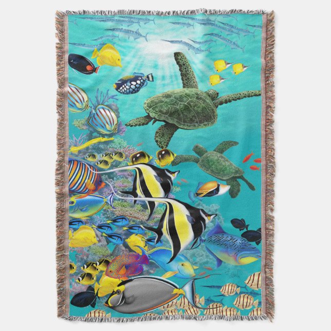 Molokini Cove Hawaiian Tropical Fish Sea Turtle Throw Blanket (Front Vertical)