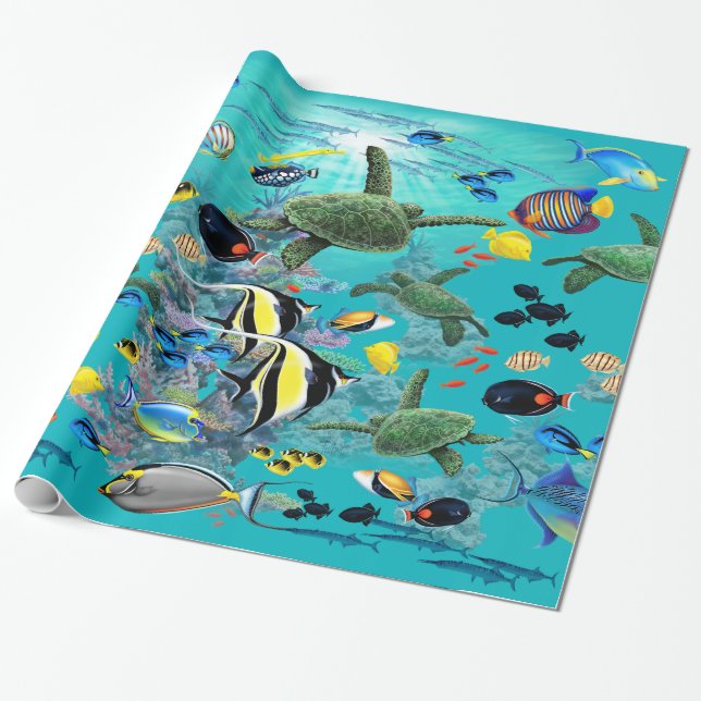 Molokini Cove Hawaiian Tropical Fish Sea Turtle Wrapping Paper (Unrolled)