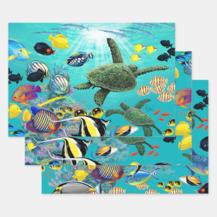 Molokini Cove Hawaiian Tropical Fish Turtle Trio Wrapping Paper Sheet