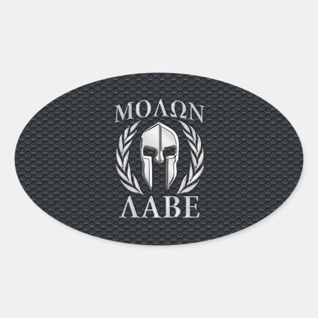 Molon Labe Chrome Like Spartan Helmet on Grille Oval Sticker (Front)