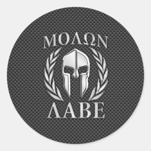 Molon Labe Chrome Spartan Helmet on Carbon Fibre Classic Round Sticker