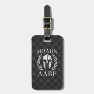 Molon Labe Chrome Spartan Helmet on Carbon Fibre Luggage Tag