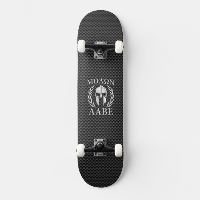 Molon Labe Chrome Spartan Helmet on Carbon Fibre Skateboard (Front)