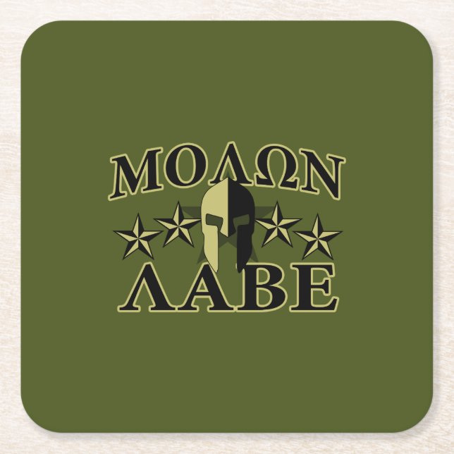 Molon Labe Spartan 5 stars Olive Green Square Paper Coaster (Front)