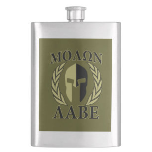 Molon Labe Spartan Helmet Laurels Olive Green Hip Flask