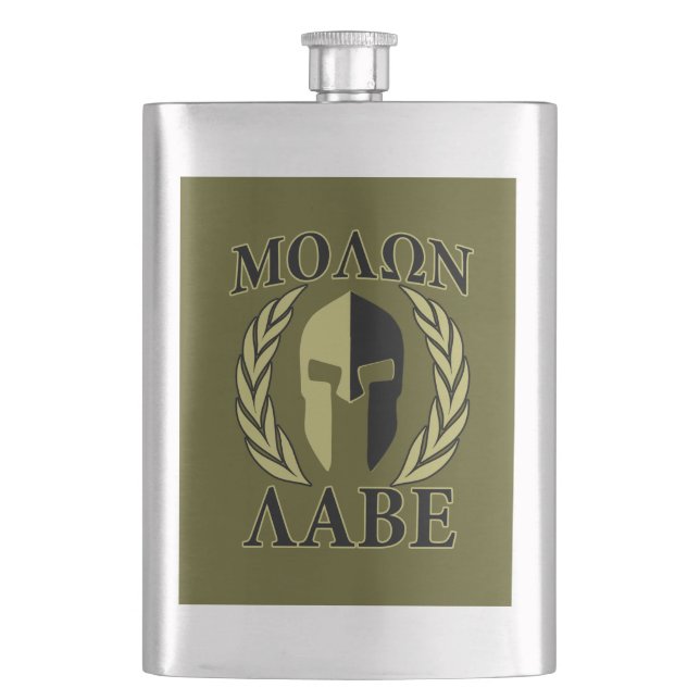Molon Labe Spartan Helmet Laurels Olive Green Hip Flask (Front)