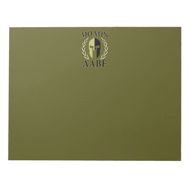 Molon Labe Spartan Helmet Laurels Olive Green Notepad (Front)