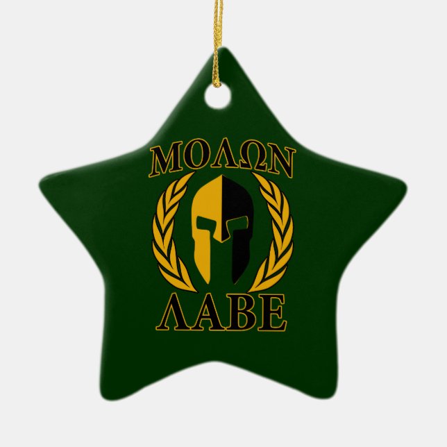 Molon Labe Spartan Laurels on Forest Green Ceramic Ornament (Front)