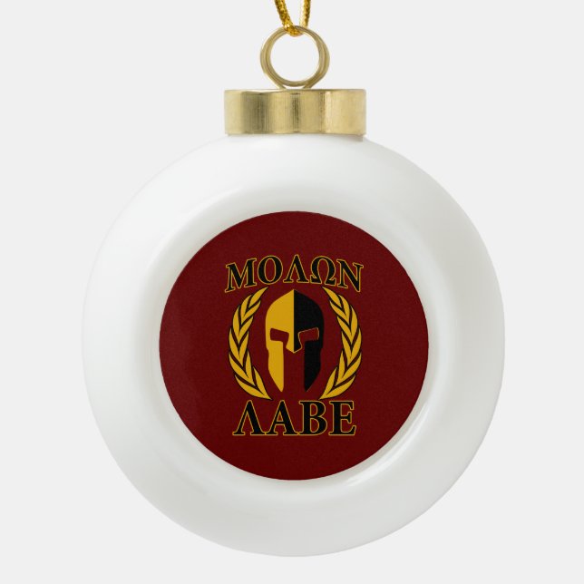 Molon Labe Spartan Mask Laurels Burgundy Ceramic Ball Christmas Ornament (Front)