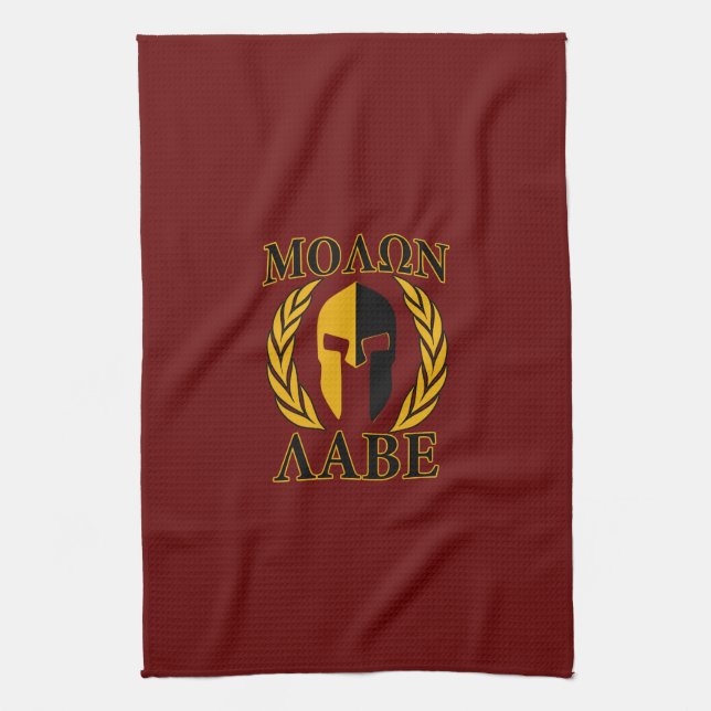 Molon Labe Spartan Mask Laurels Burgundy Red Tea Towel (Vertical)