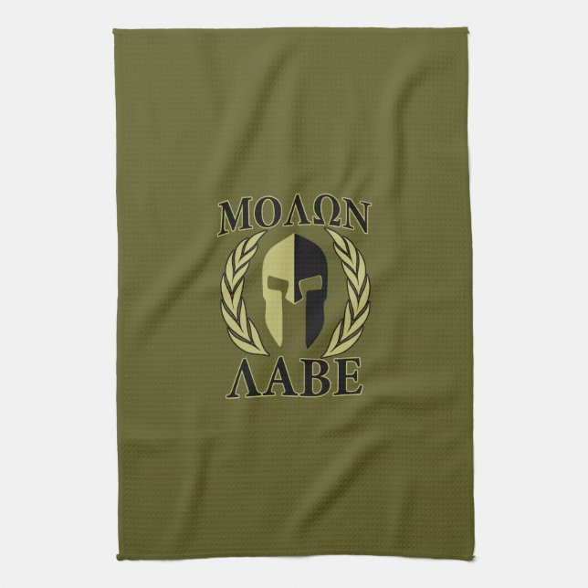 Molon Labe Spartan Mask Laurels Olive Green Tea Towel (Vertical)