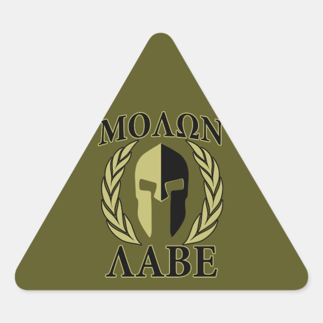 Molon Labe Spartan Mask Laurels Olive Green Triangle Sticker (Front)