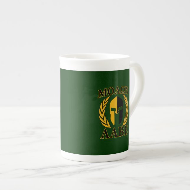 Molon Labe Spartan Mask Laurels on Green Bone China Mug (Front Right)