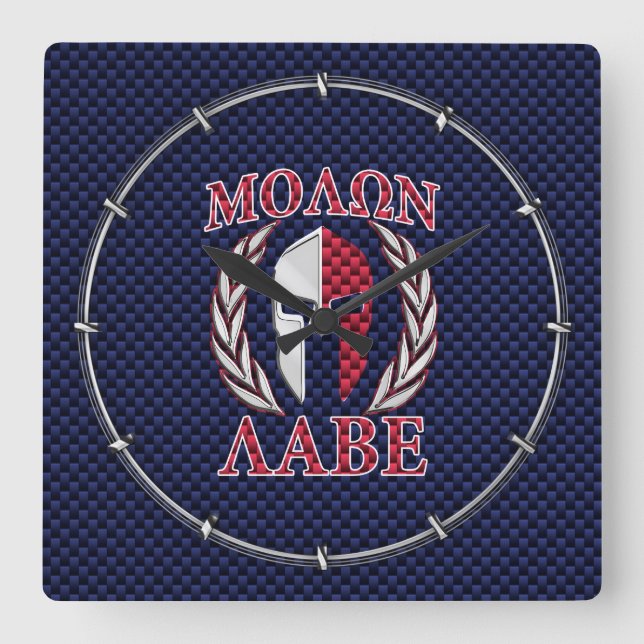Molon Labe Spartan Warrior Blue Carbon Fiber Print Square Wall Clock (Front)