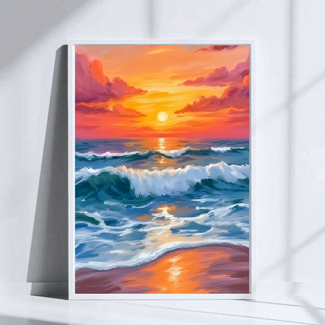 Molten Horizon | Ocean Waves Sunset Watercolor Poster (Creator Uploaded)