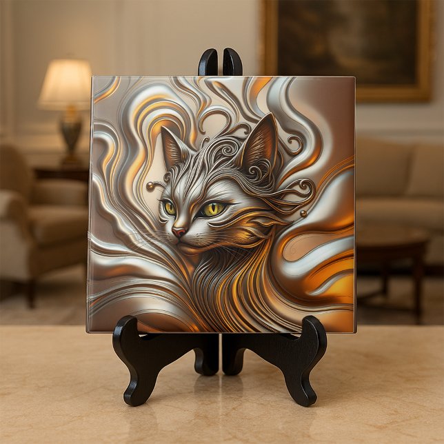 Molten Liquid Metallic Gold and Silver Cat Head Ceramic Tile (Creator Uploaded)