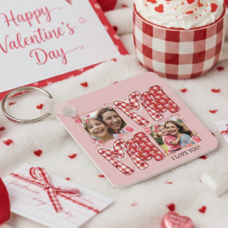 Mom and Child Photo Red Plaid Valentine Hearts Key Ring