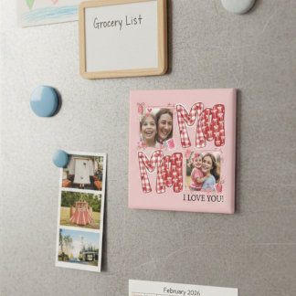 Mom and Child Valentine Pink Red Plaid Hearts Magnet