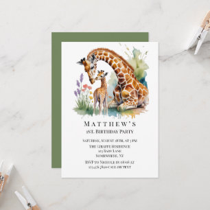 Mom and Me Watercolor Giraffe 1st. Birthday Party  Invitation