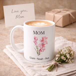 Mom August Birth Flower with Kids Names Coffee Mug