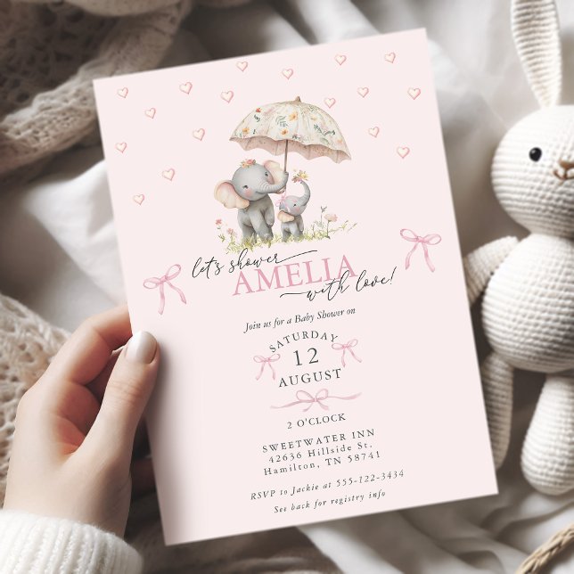 Mom & Baby Elephant with Umbrella Baby Girl Shower Invitation (Mom & Baby Elephant with Umbrella Baby Girl Shower Invitation)