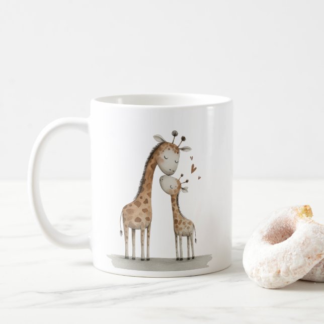 Mom & Baby Giraffe Cute Illustration Coffee Mug (With Donut)