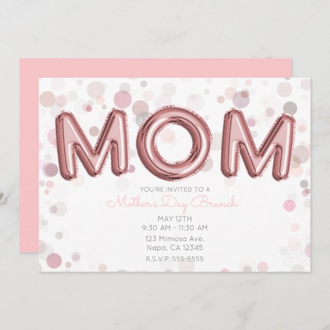 MOM Balloons Mother's Day Brunch Modern Pink Grey Invitation (Front/Back)
