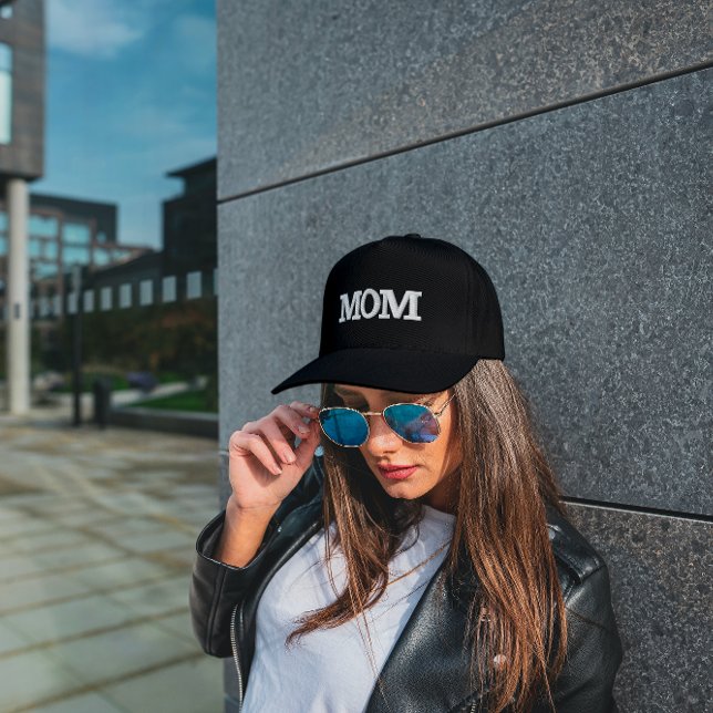 Mom Black and White Embroidered Baseball Cap (Black Mom Hat)