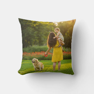 Mom, Child, and Dog in Sunny Park Cushion