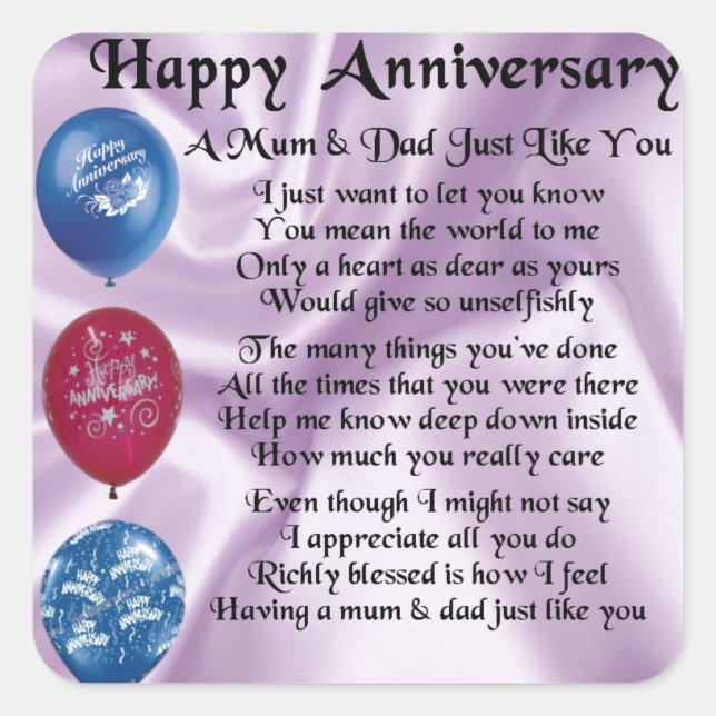 Mom & Dad  -  Happy Anniversary  -  Lilac Square Sticker (Front)