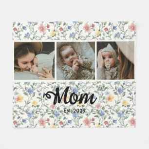 Mom Established 3 Photo Watercolor Floral Script Fleece Blanket
