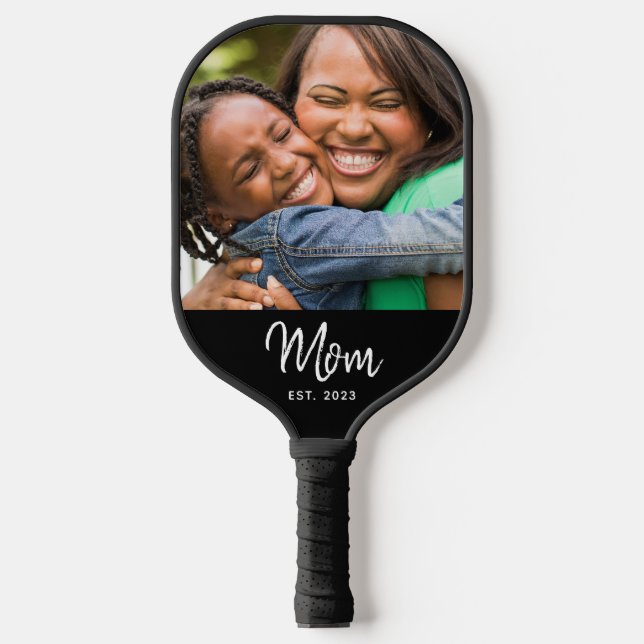 Mom Established Black Fun Modern Script Photo  Pickleball Paddle (Front)