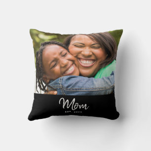 Mom Established Black Modern Script Photo Cushion