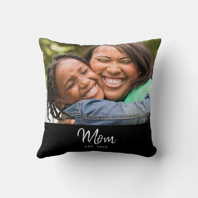 Mom Established Black Modern Script Photo  Cushion (Back)