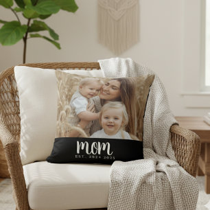 Mom Established Black Modern Script Photo Cushion