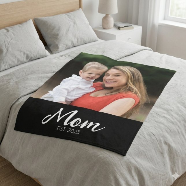 Mom Established Black Modern Script Photo  Fleece Blanket (Creator Uploaded)