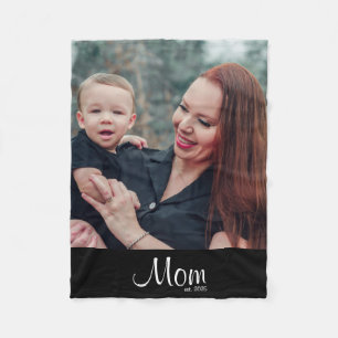 Mom Established Black Modern Script Photo Fleece Blanket