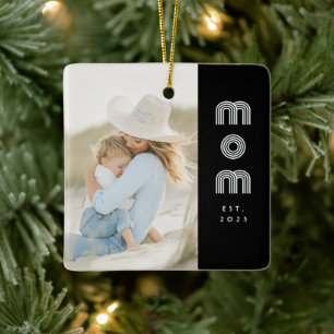 Mom Established Black White Retro Script Photo Ceramic Ornament